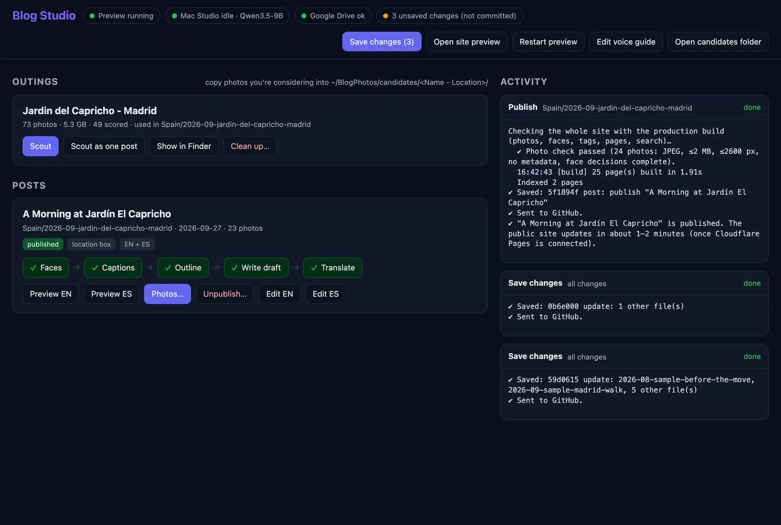 App Blog Studio mostrando salidas, un post con sus pasos (Rostros, Leyendas, Esquema, Escribir borrador, Traducir) y un regis